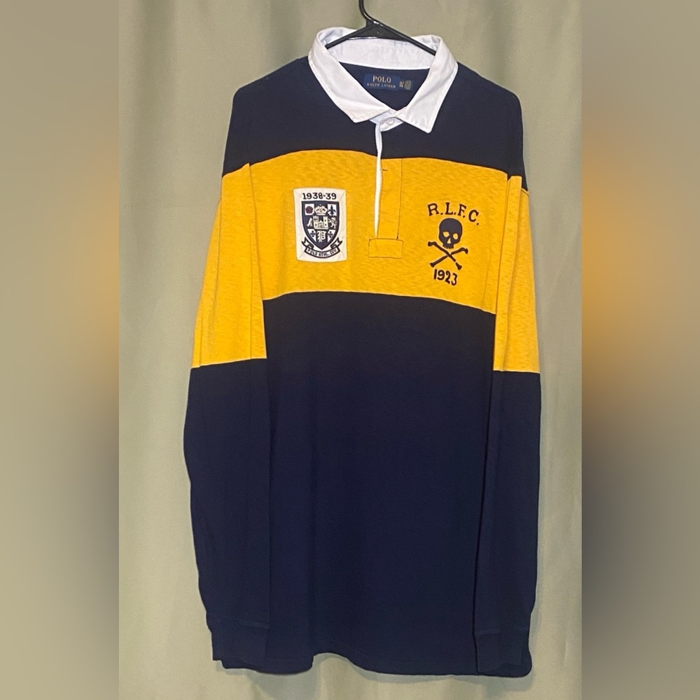 Polo by Ralph Lauren R.L.F.C. Skull & Crossbones Blue Yellow Rugby Shirt Men XLT